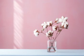 Cotton flowers in glass vase on table and pink wall background.. Cotton flowers in glass vase on table and pink wall background