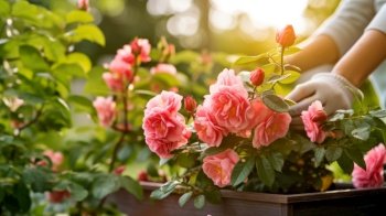 Gardener is planting pink roses in the garden at home. Generative AI. Gardener is planting pink roses in the garden at home.
