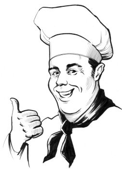 Happy chef showing big thumb. Ink black and white drawing