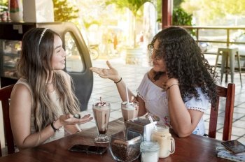 Two cute girls having a conversation in a coffee shop, two female friends discussing ideas in a coffee shop.