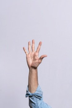 Hand counting number five, Man hand showing number five, Guy finger counting number five on isolated background