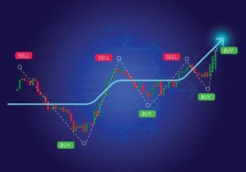Arrow pointing up on stock chart Forex growing on dark blue background : Concept Business growth and digital profit. 