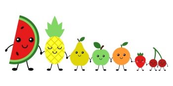 Funny fruits and berries, vector. Watermelon and pineapple, pear and apple, orange, strawberry, cherry. Fruits and berries with cute smiling faces are holding hands.