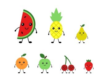 Funny cute fruits and berries, vector. Watermelon and pineapple, pear and apple, orange, strawberry, cherry. Fruits and berries with cute smiling faces.