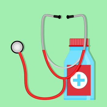 Therapy flat concept. Drug for health, antibiotic in bottle, vector illustration. Therapy flat concept