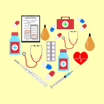 Heart form with medicine icons. Health and care, healthcare and clinic. Vector illustration. Heart form with medicine icons
