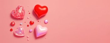 Valentine’s Day 3D Illustration of Heart Crystal Diamond for Valentine’s Day Promotion Banner and Background