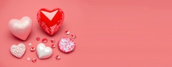 Valentine’s Day Banner Background. Sparkling 3D Heart Shape with Diamond and Crystal Illustration