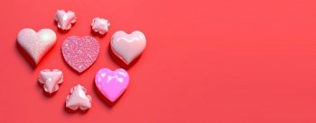 Gleaming 3D Heart, Diamond, and Crystal Illustration for Valentine’s Day Banner and Background
