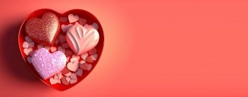Valentine’s Day 3D Heart Illustration and Crystal Diamond Banner and Background