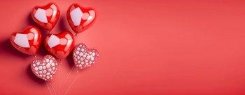 Happy valentines day banner background with shiny red 3d heart shape