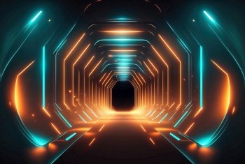 Futuristic Background of Neon Glowing Tunnel