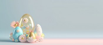 Easter Background Banner with 3D Render Eggs and Flowers with Copy Space