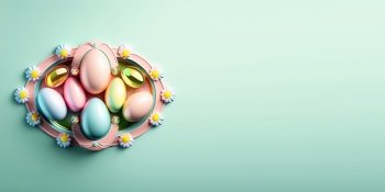 Isolated glossy 3d easter eggs celebration background and banner with small flower ornament and empty space