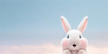cute animal pet rabbit or bunny white color smiling and laughing isolated with copy space for easter day