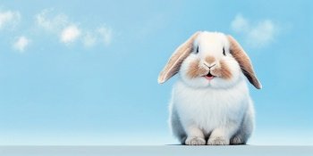cute animal pet rabbit or bunny white color smiling and laughing isolated with copy space for easter banner