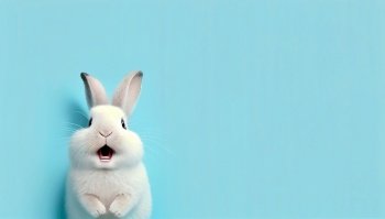 cute animal pet rabbit or bunny white color smiling and laughing isolated with copy space for easter card