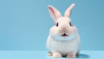 cute animal pet rabbit or bunny white color smiling and laughing isolated with copy space for easter celebration