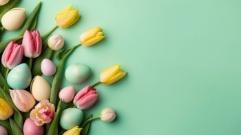 Happy Easter greeting background with tulips and decorative eggs