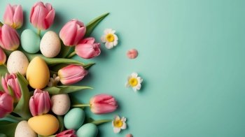 Top View of Happy Easter background with tulips and decorative eggs in various colors