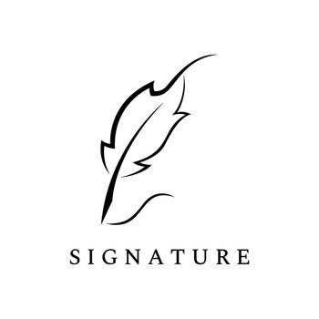 Creative design of pen logo with hipster quill for author or author, signature.