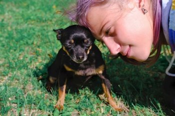 teenager girl and her toy terrier dog cuddling. outdoors portrait of a small dog and teenager girl. dog relaxing under sunshine. pet care and dog friends concept.. teenager girl and her toy terrier dog cuddling.