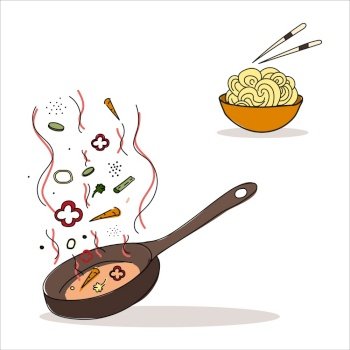 Wok pan with vegetables and plate with Noodles. Shrimp, peppers, carrots, beans, greens, celery, spices. Asian food. Vector illustration for cover, menu, postcards, banner and social media post. Wok pan with vegetables and plate with Noodles. Asian food Vector illustration.