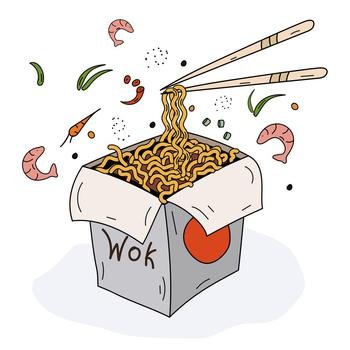 Asian food. Box with noodles and ingredients. Chinese chopsticks raise noodles with shrimp, peppers, carrots, beans. Vector illustration for cover, menu, postcards, banner and social media post