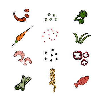 Set icons for infographics Noodles and ingredients. Shrimp, peppers, carrots, beans, greens, celery, spices. Asian food. Vector illustration for cover, menu, postcards, banner and social media post. Set icons for infographics Noodles and ingredients. Asian food Vector illustration.