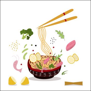 Asian food. Box with noodles in plate and ingredients. with shrimp, peppers, lamone, beans. Vector illustration for cover, menu, postcards, banner and social media post. Asian food Box with noodles in plate and ingredients. Vector illustration