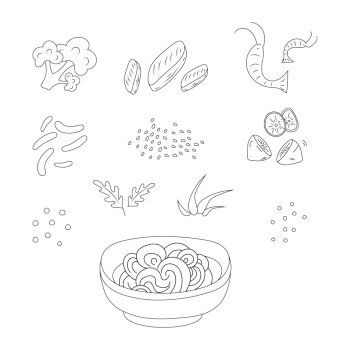 Coloring page. Asian food. Plate for noodles. Chinese chopsticks raise noodles with shrimp, peppers, fish, beans. Vector illustration for cover, menu, postcards, banner and social media post. Coloring page. Asian food. Plate for noodles. Shrimp, beans, fish, greens. Vector illustration.