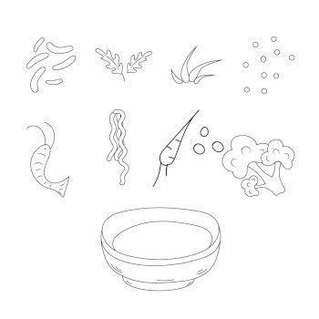 Coloring page. Asian food. Plate for noodles. Chinese chopsticks raise noodles with shrimp, peppers, carrots, beans. Vector illustration for cover, menu, postcards, banner and social media post. Coloring page. Asian food. Plate for noodles. Shrimp, beans, carrots, greens. Vector illustration.
