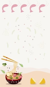 Vertical banner Asian food Box with noodles. Chinese chopsticks raise noodles with shrimp, peppers, carrots, beans. Vector illustration for storys, cover, menu, postcards, banner and social media post. Banner shrimps Asian food. Box with noodles. Chinese chopsticks raise noodles. Vector illustration.