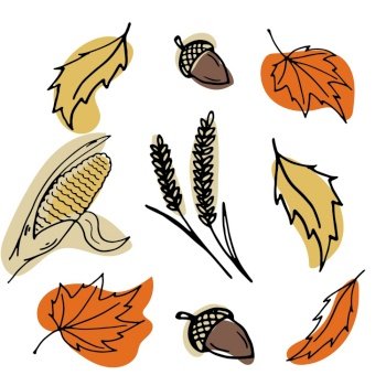 wheat and few leaves and an acorn, the inscription happy autumn to everyone happy fall you all in orange yellow and brown colors. autumn season happy fall you all vector illustration doodle