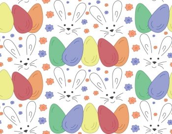Seamless pattern eggs Easter, Muzzle bunny, flowers. Vector Texture for Easter gift, textile. Elements For Background, card, poster, coves, postcards, scrapbooking, fabric, banners, notebook, fabric.. Seamless pattern eggs Easter, Muzzle bunny, flowers. Vector Texture for Easter gift, textile.