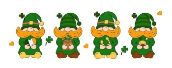 St patricks day gnomes. Doodle Draw with horseshoe, heart, cupcake, pot of money vector illustration. Elements for card, covers, prints, patterns, web, banner, print, decorations, textile, fabric.. St patricks day gnomes. Doodle Draw with horseshoe, heart, cupcake, pot of money vector illustration