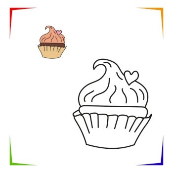 Cupcake Coloring Page. Vector Educational worksheet colored by sample. Paint game. Elements for coloring book, page, printing, design illustrations in the style of outline for kids.. Cupcake Coloring Page. Vector Educational worksheet colored by sample. Paint game.