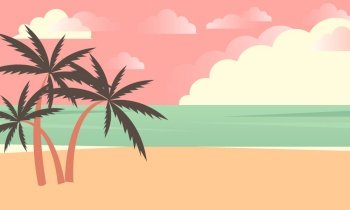 Tropical summer beach with palms and pink sky. Seaside landscape, tropical beach relax or seaside landscape. Vector background illustration. Tropical summer beach with palms and pink sky. Seaside landscape, tropical beach relax or seaside landscape.