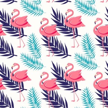 Beautiful seamless vector floral summer pattern background with tropical palm leaves and pink flamingo. Perfect for wallpapers, web page backgrounds, surface textures, textile.. Beautiful seamless vector floral summer pattern background with tropical palm leaves and pink flamingo.