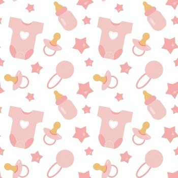 Baby care pink accessories seamless pattern. Bottle, dress, stars, rattle and nipple. Vector illustration. Baby care pink accessories seamless pattern. Bottle, dress, stars, rattle and nipple.
