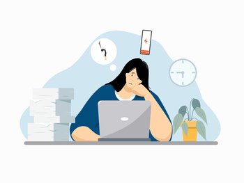 Burnout woman flat vector illustration. Tired and sad female character working on computer at her workplace. Person unhappy with her job at the office. Mental burnout concept.