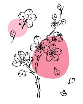 Spring blossom monochrome line art floral set with abstrat pink color spots. Blooming apple branch, flowers and petals collection. Hand drawn vector illustration. 