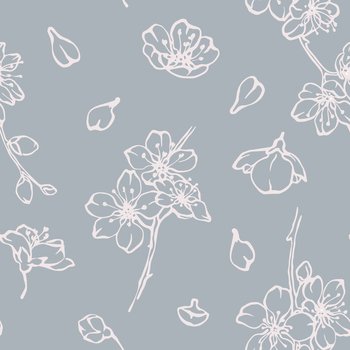 Cherry blossom seamless pattern with blooming flowers, buds and petals line drawing on grey background. Vector romantic floral print design for wedding invitation, textile, wallpaprs, wrapping paper.