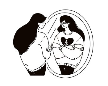 Young woman hugs herself and loos at her reflection in the mirror. Black and white doodle outline vector illustration. Self love, self acceptance mental health recovery after therapy concept.