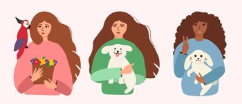 Women of different nationalities and their animals are isolated. Vector illustration in a flat style.. Women of different nationalities and their animals are isolated. Vector illustration in a flat style