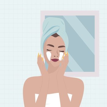 The girl takes a shower and applies the cream to the face in the bathroom. Vector illustration. The girl takes a shower and applies the cream to the face in the bathroom. Top view