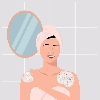 Young asian woman applies a scrub to her body after taking a shower. Top view vector illustration.. Young asian woman applies a scrub to her body after taking a shower. Top view vector illustration