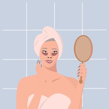 Old woman holding a mirror and looking at herself in reflection. Everyday beauty routine. Self care, self acceptance, love yourself, narcissism concept. Vector illustration. Old woman holding a mirror and looking at herself in reflection. Everyday beauty routine. Self care, self acceptance, love yourself, narcissism concept. Vector.
