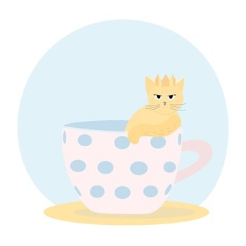 Vector illustration of World pet day, Suitable for greeting card, banner and poster.A yellow cat in a crown sits in the cup.. Vector illustration of World pet day, Suitable for greeting card, banner and poster.