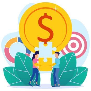 Vector illustration of business concept, company is engaged in joint construction and cultivation of cash profit, career growth to success, coin money puzzle icon.